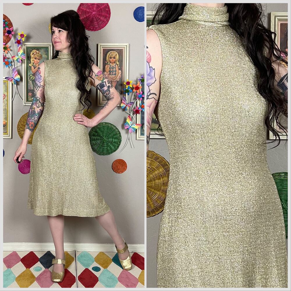 Vintage 1970s Gold and Silver Metallic Lurex Sleeveless Turtleneck Dress